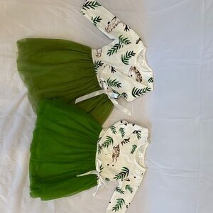 Set of two deer print dress with green tulle skirt
